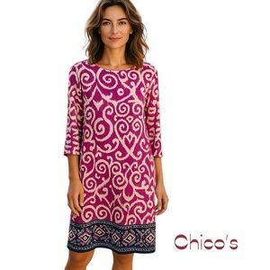 Chico's Pink White Tie Dye Print Coastal Grandma Boho Dress NWOT Size 8